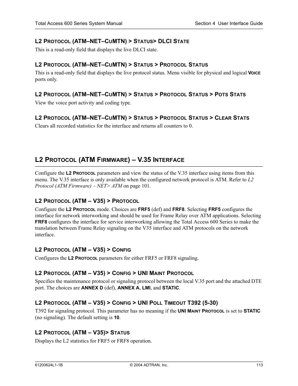 L2 protocol (atm firmware) - v.35 interface, L2 protocol (atm firmware) – v.35 interface, L2 p | Atm f, V.35 i | ADTRAN 600R User Manual | Page 115 / 264