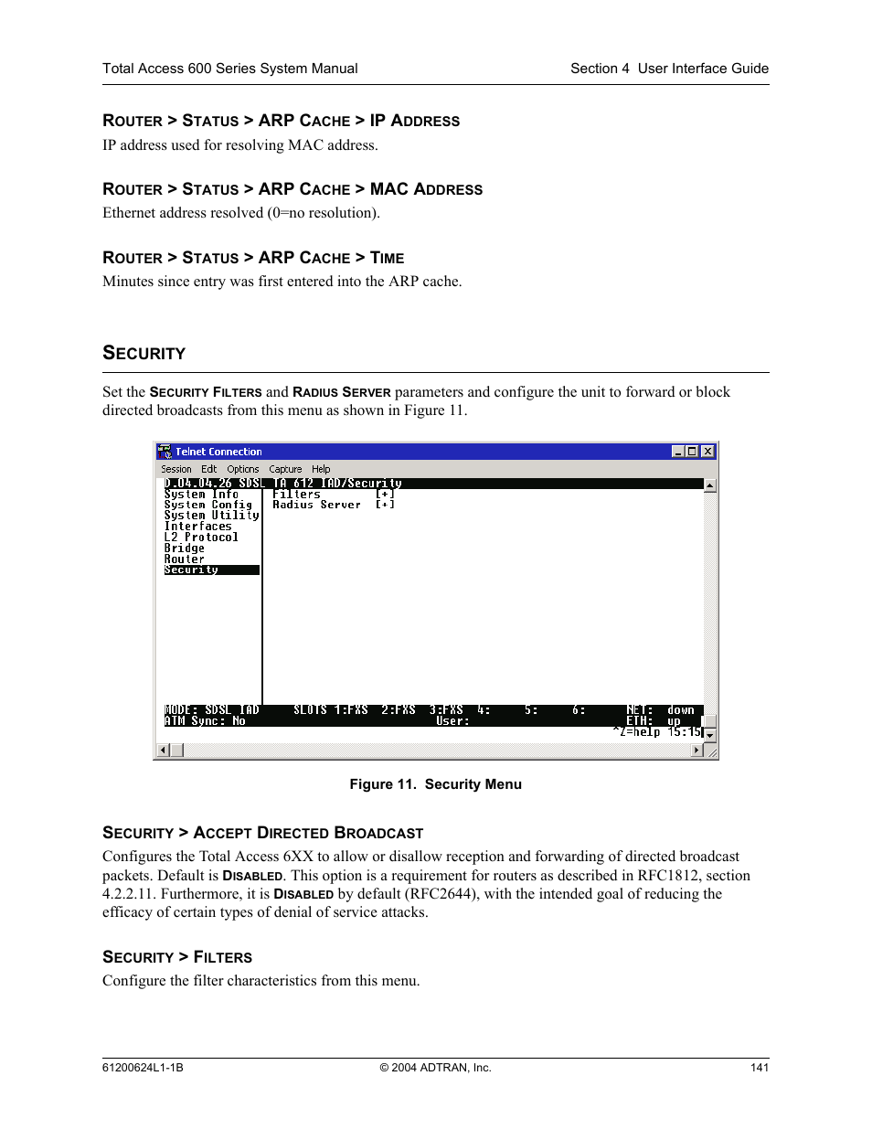 Security, Figure 11. security menu | ADTRAN 600R User Manual | Page 143 / 264