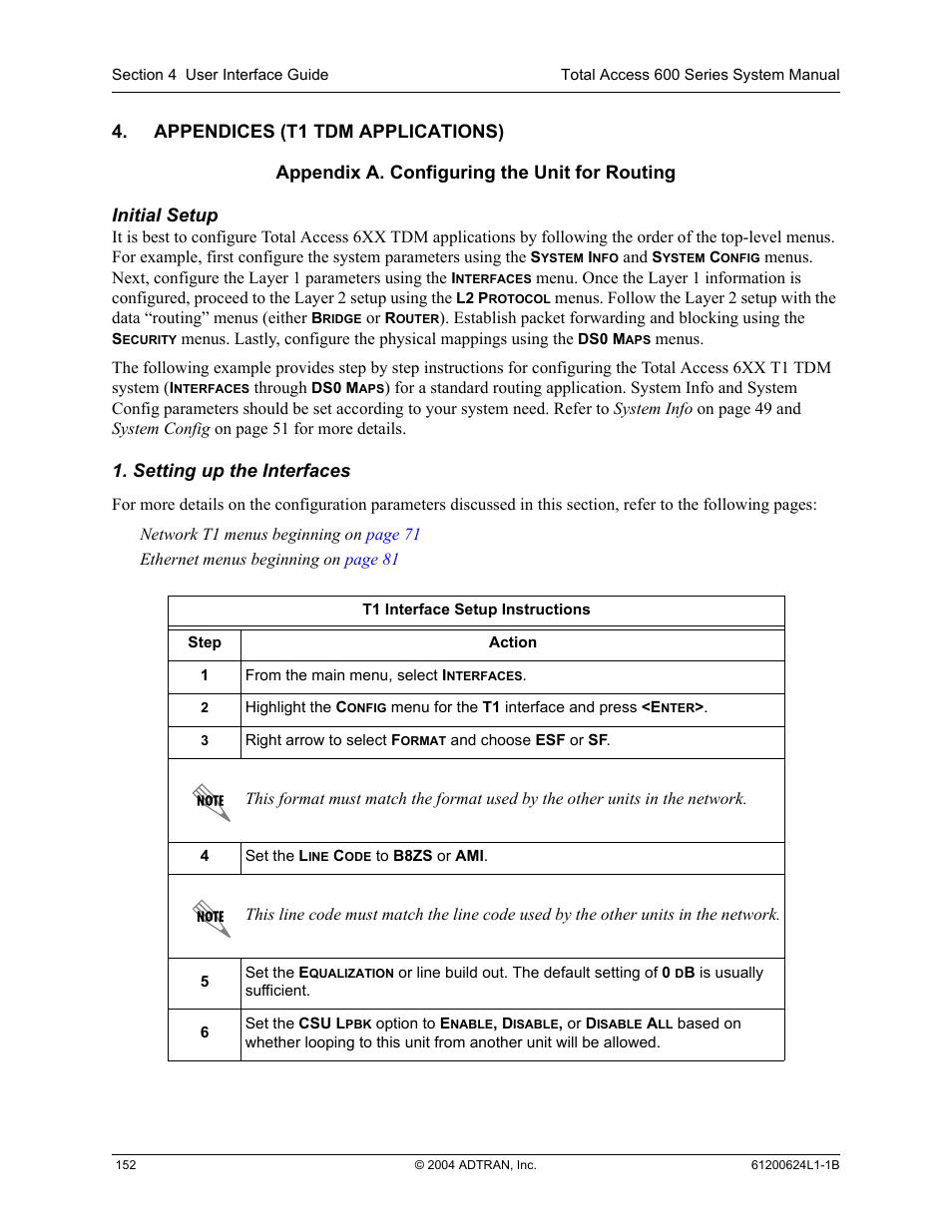 Appendices (t1 tdm applications), Appendix a. configuring the unit for routing | ADTRAN 600R User Manual | Page 154 / 264
