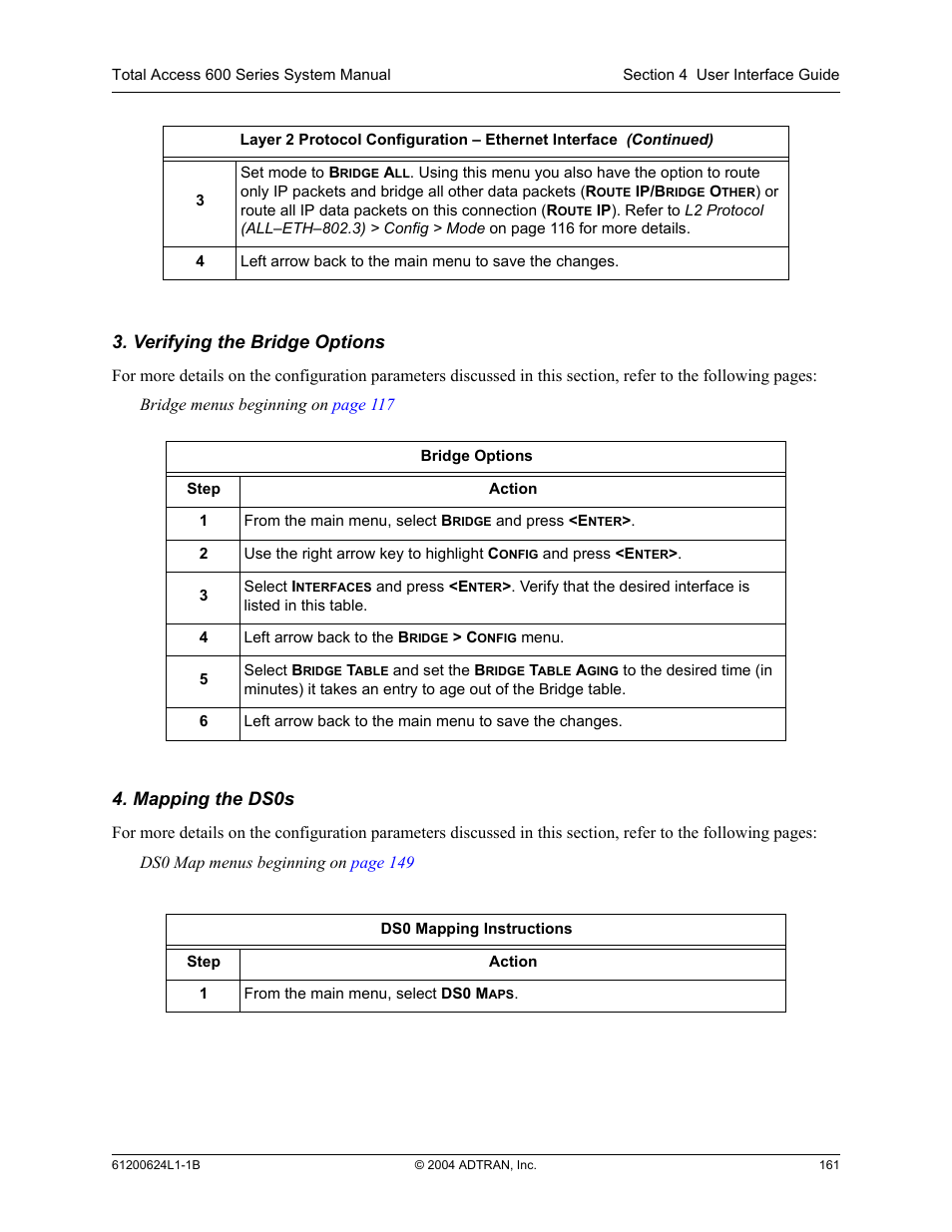 Verifying the bridge options, Mapping the ds0s | ADTRAN 600R User Manual | Page 163 / 264