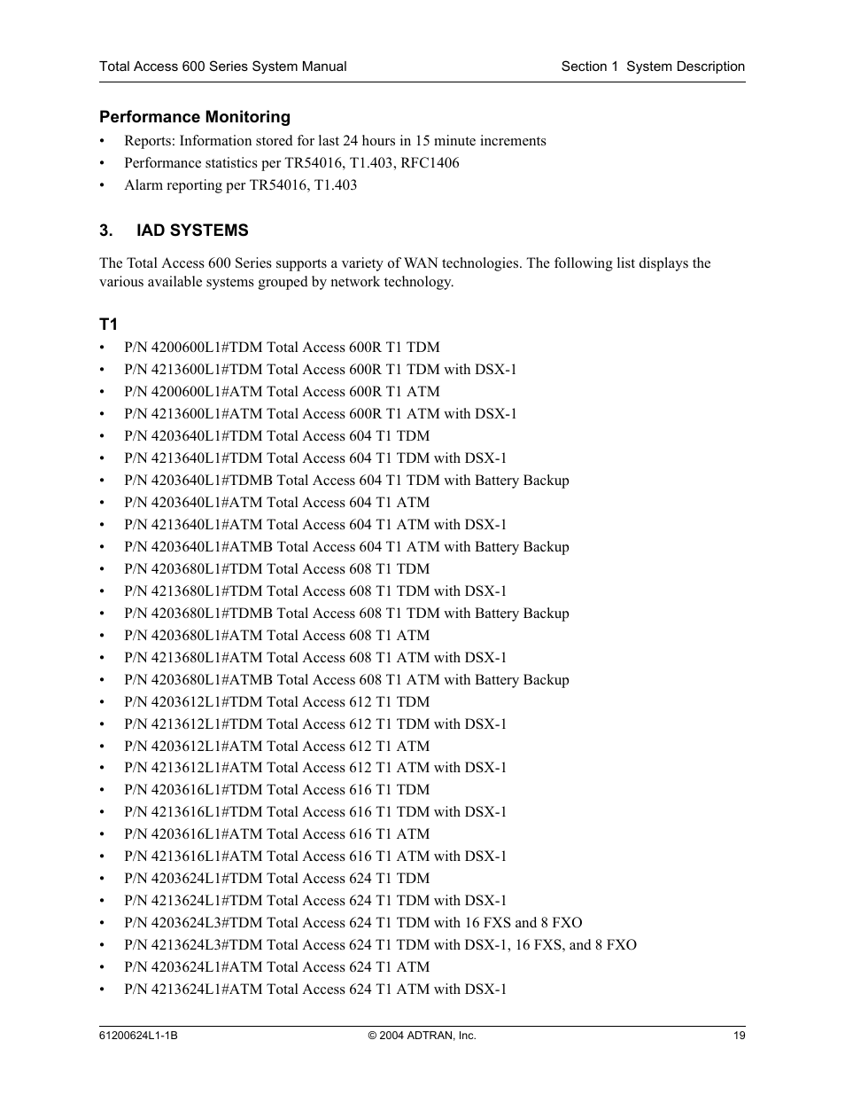 Iad systems, Performance monitoring | ADTRAN 600R User Manual | Page 19 / 264