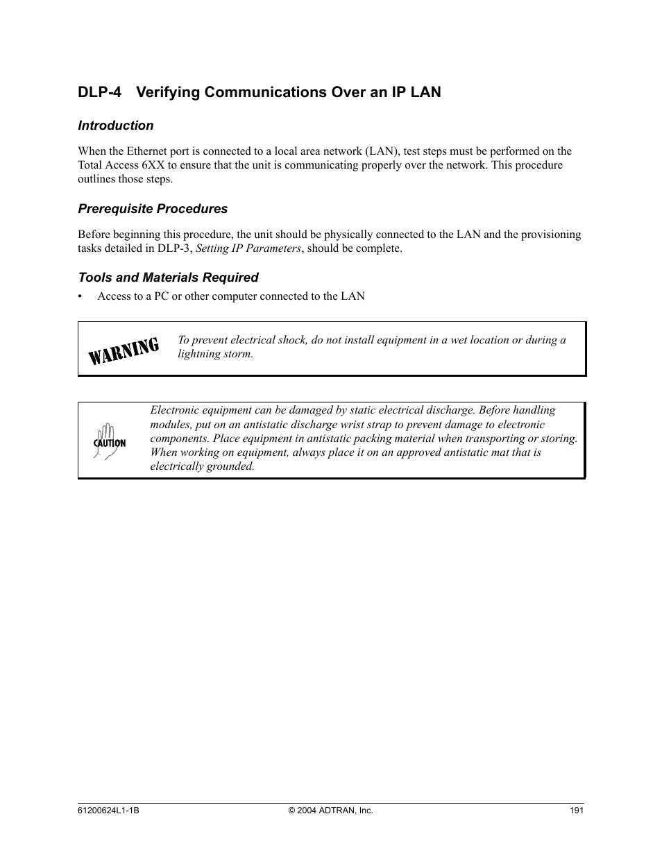 Dlp-4 verifying communications over an ip lan, Dlp-4, Verifying communications over an ip lan | Detail level procedures | ADTRAN 600R User Manual | Page 193 / 264