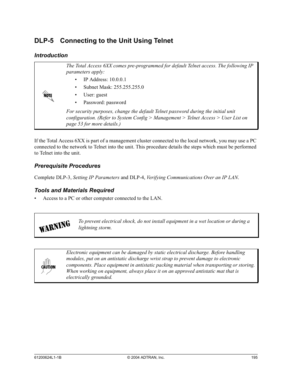 Dlp-5 connecting to the unit using telnet, Dlp-5, Connecting to the unit using telnet | ADTRAN 600R User Manual | Page 197 / 264
