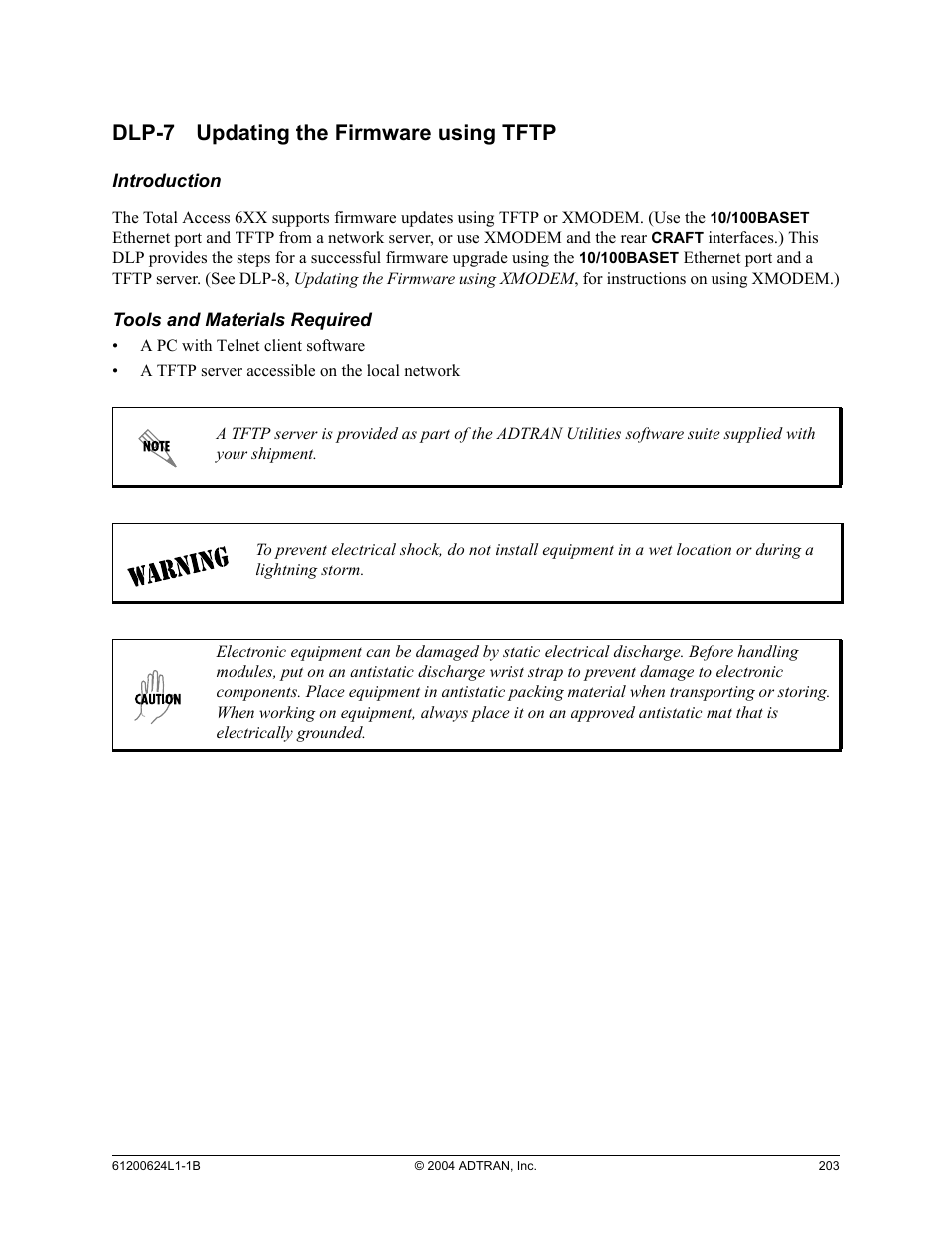 Dlp-7 updating the firmware using tftp, Dlp-7, Updating the firmware using tftp | ADTRAN 600R User Manual | Page 205 / 264