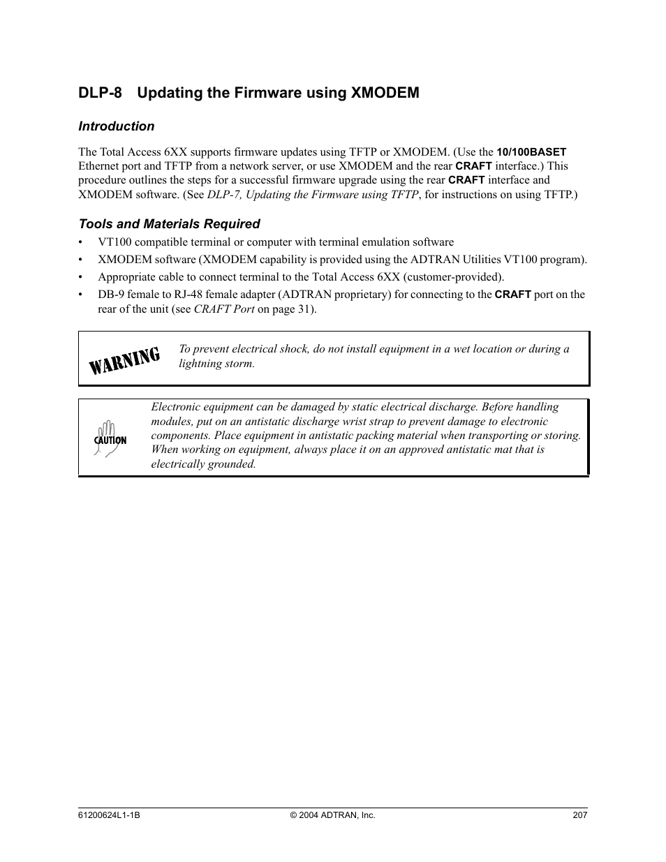 Dlp-8 updating the firmware using xmodem, Dlp-8, Updating the firmware using xmodem | ADTRAN 600R User Manual | Page 209 / 264