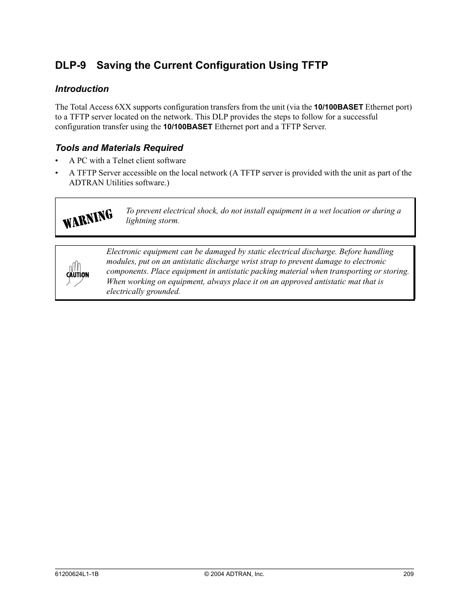 Dlp-9 saving the current configuration using tftp, Dlp-9, Saving the current configuration using tftp | ADTRAN 600R User Manual | Page 211 / 264