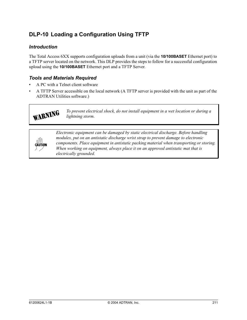 Dlp-10 loading a configuration using tftp, Dlp-10, Loading a configuration using tftp | ADTRAN 600R User Manual | Page 213 / 264