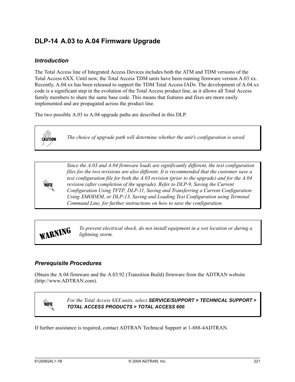 Dlp-14 a.03 to a.04 firmware upgrade, Dlp-14, A.03 to a.04 firmware upgrade | ADTRAN 600R User Manual | Page 223 / 264