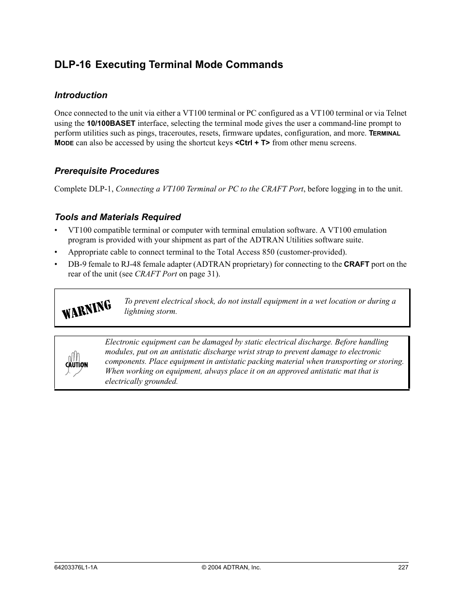 Dlp-16 executing terminal mode commands, Dlp-16, Executing terminal mode commands | ADTRAN 600R User Manual | Page 229 / 264
