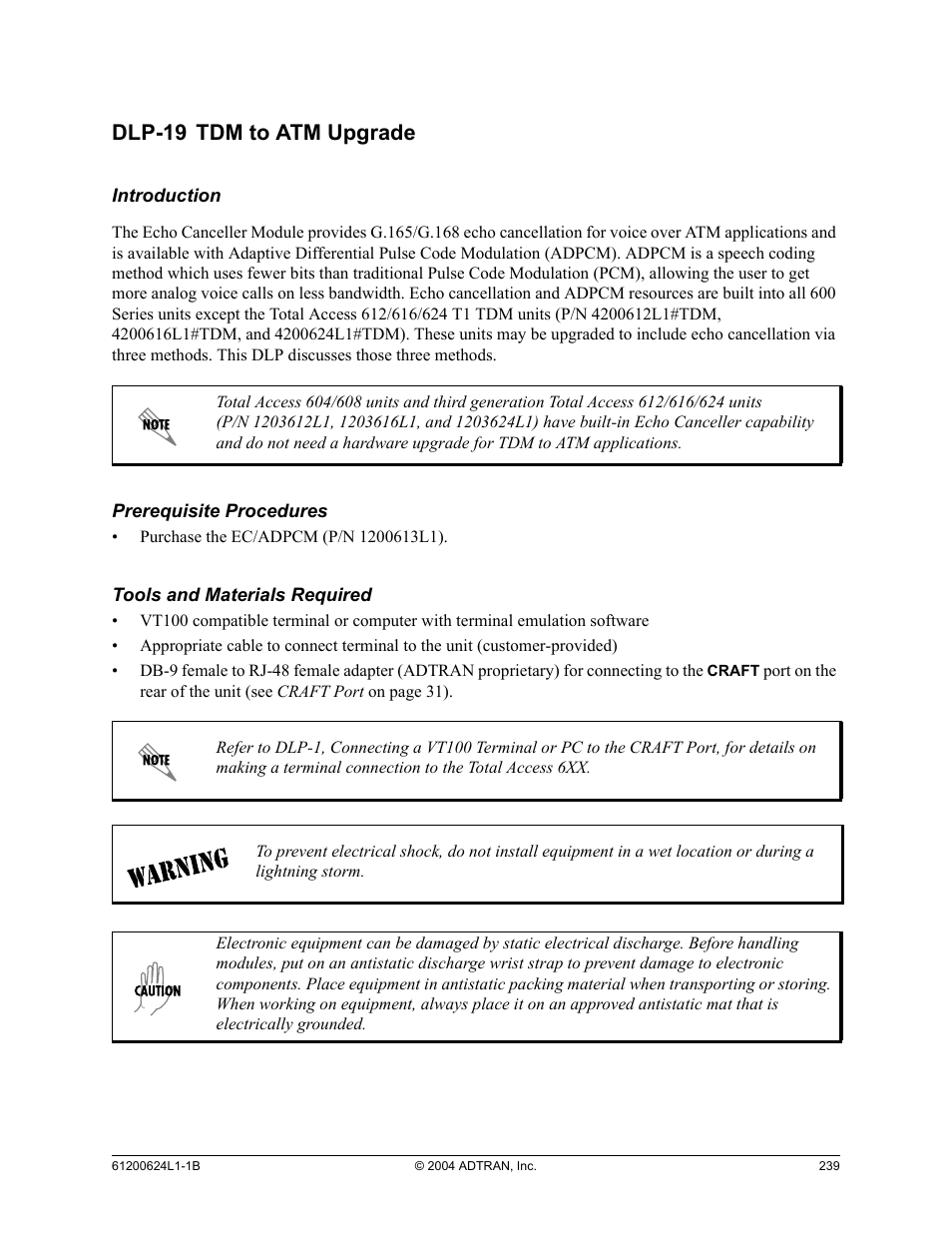 Dlp-19 tdm to atm upgrade, Dlp-19, Tdm to atm upgrade | ADTRAN 600R User Manual | Page 241 / 264