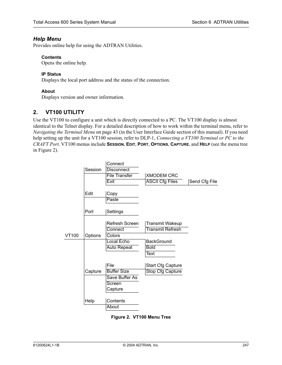 Vt100 utility, Help menu, Figure 2 | Vt100 menu tree | ADTRAN 600R User Manual | Page 249 / 264