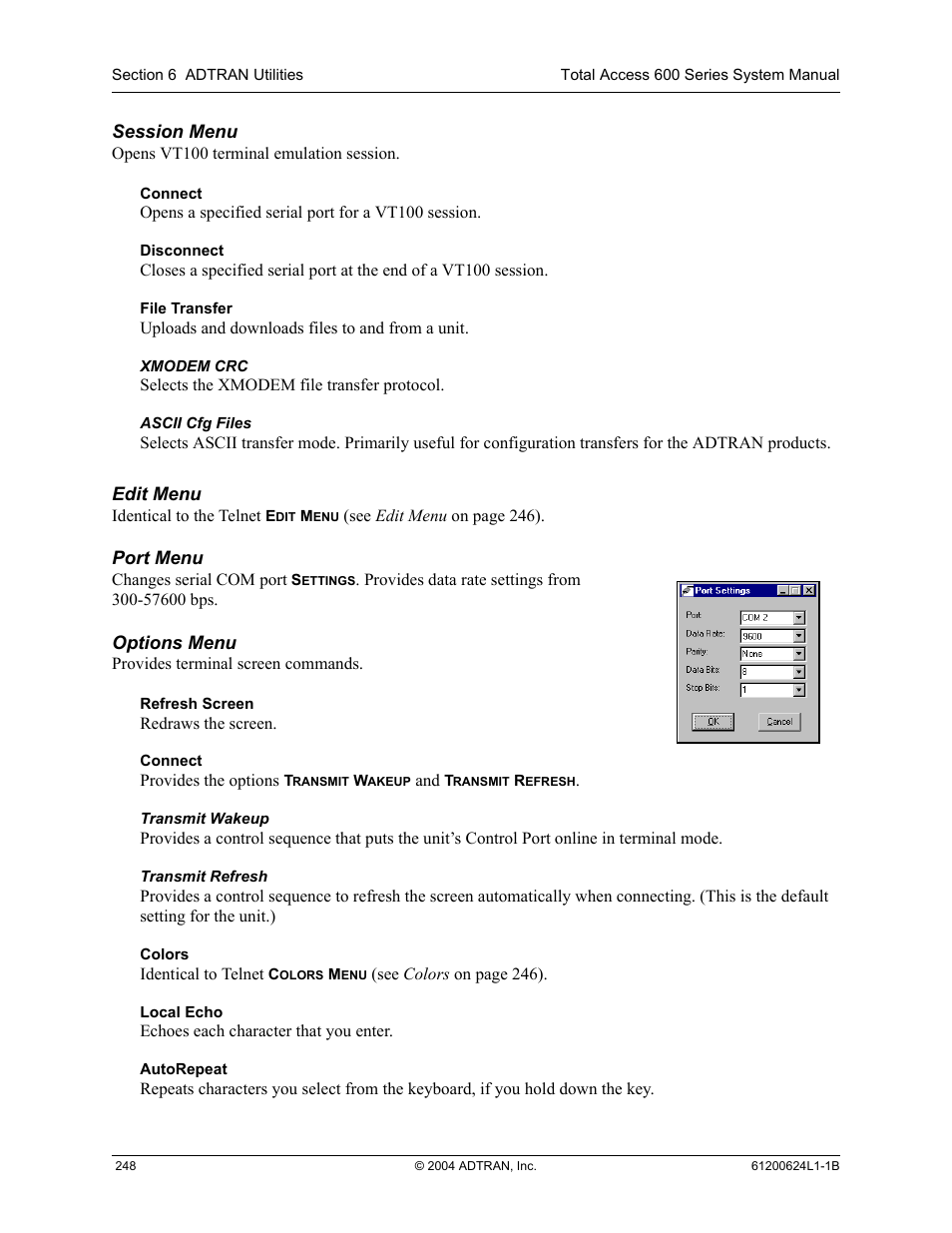 Session menu edit menu port menu options menu | ADTRAN 600R User Manual | Page 250 / 264
