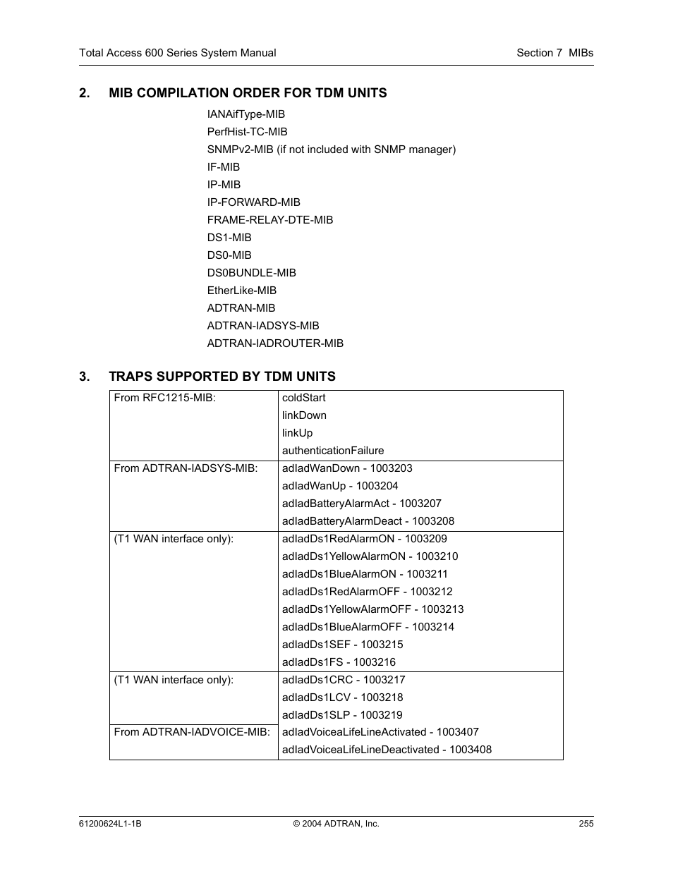 Mib compilation order for tdm units, Traps supported by tdm units | ADTRAN 600R User Manual | Page 257 / 264