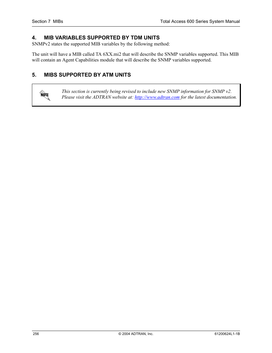 Mib variables supported by tdm units, Mibs supported by atm units | ADTRAN 600R User Manual | Page 258 / 264