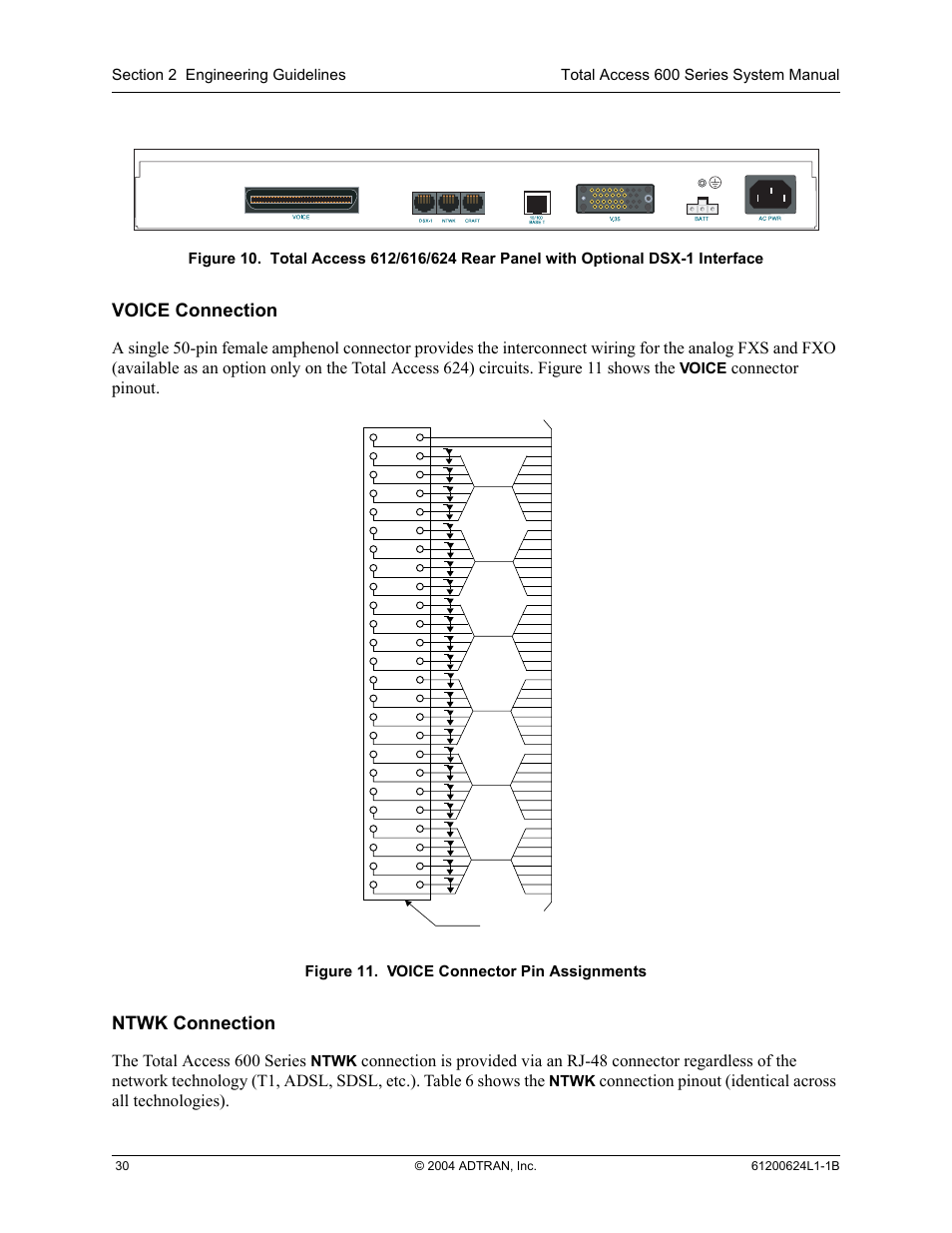 Voice connection ntwk connection, Voice connection, Ntwk connection | Connector pinout, The total access 600 series, Voice, Figure 11. voice connector pin assignments, Ntwk | ADTRAN 600R User Manual | Page 30 / 264