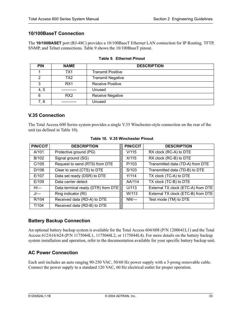 Table 9, Ethernet pinout, Table 10 | V.35 winchester pinout | ADTRAN 600R User Manual | Page 33 / 264