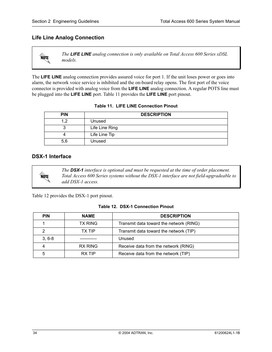 Life line analog connection dsx-1 interface, Table 11, Table 12 | ADTRAN 600R User Manual | Page 34 / 264