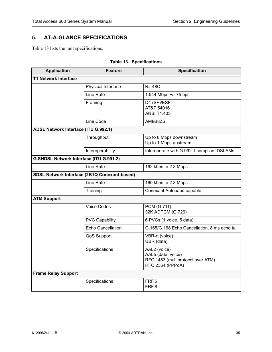 At-a-glance specifications, Table 13, Specifications | ADTRAN 600R User Manual | Page 35 / 264