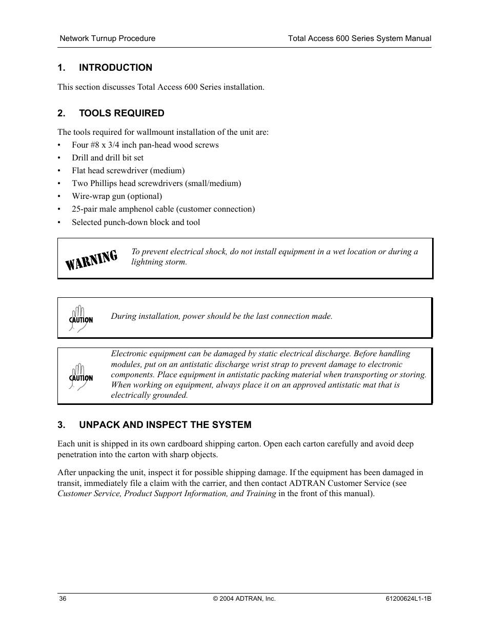 Introduction, Tools required, Unpack and inspect the system | ADTRAN 600R User Manual | Page 38 / 264