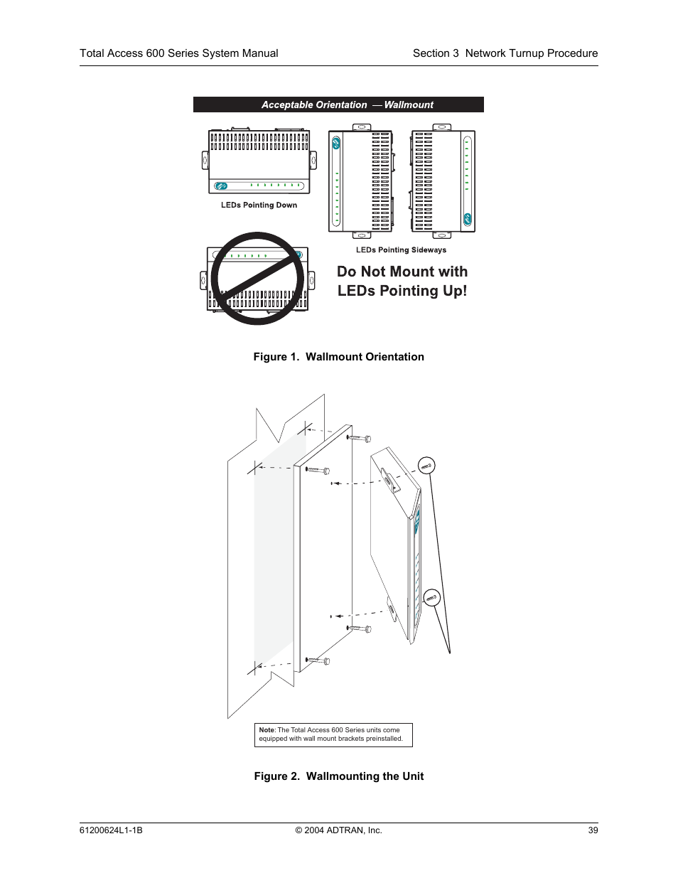 Figure 1, Wallmount orientation, Figure 2 | Wallmounting the unit | ADTRAN 600R User Manual | Page 41 / 264
