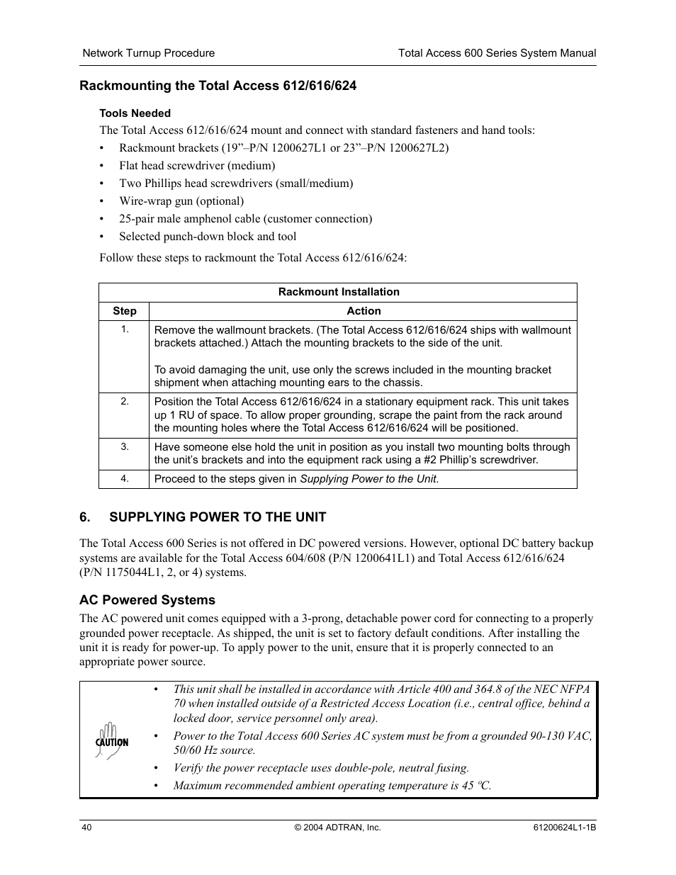 Supplying power to the unit, Rackmounting the total access 612/616/624, Ac powered systems | ADTRAN 600R User Manual | Page 42 / 264