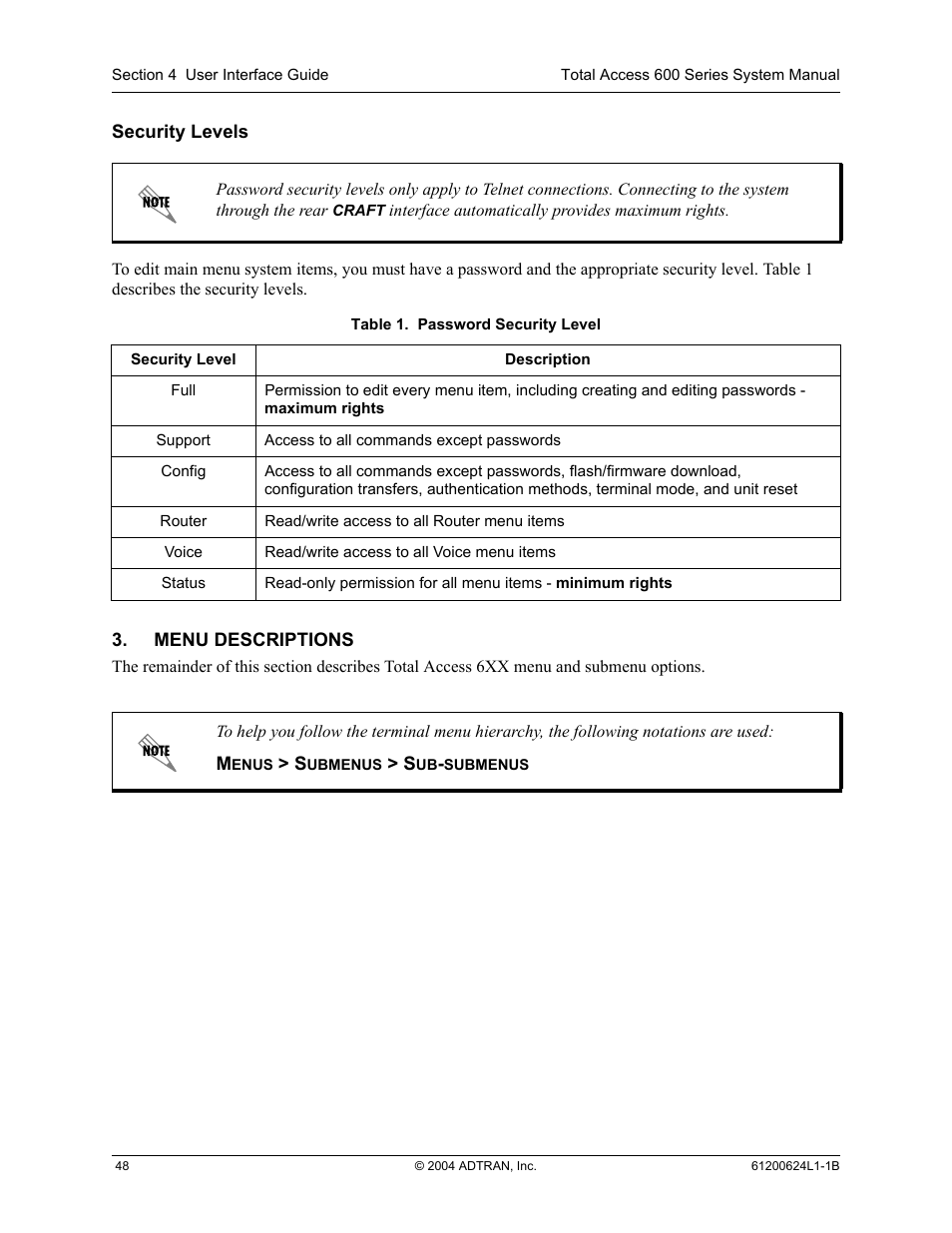 Menu descriptions, Security levels, Table 1 | Password security level | ADTRAN 600R User Manual | Page 50 / 264