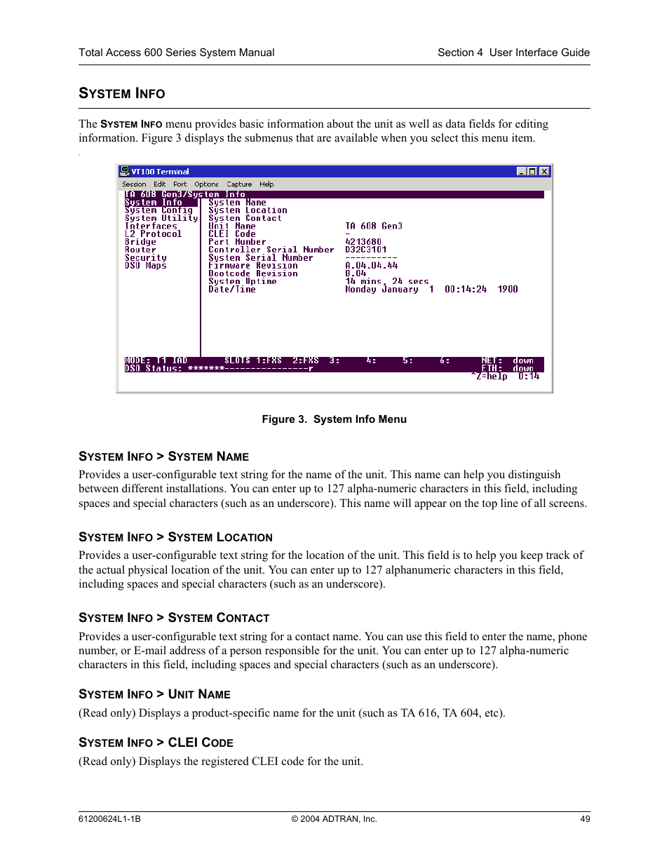 System info, Figure 3, System info menu | ADTRAN 600R User Manual | Page 51 / 264