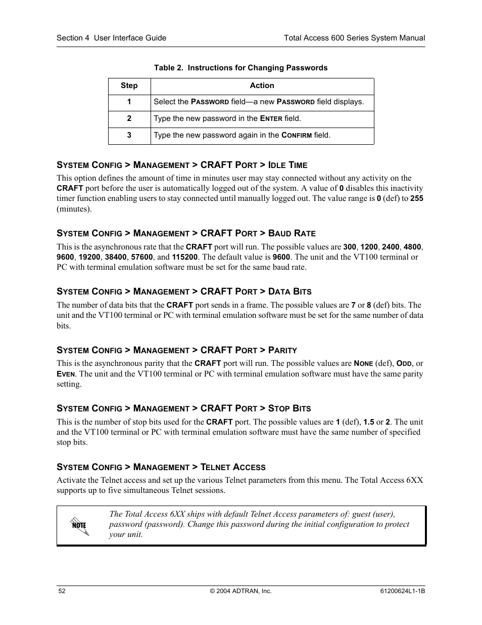 Table 2, Instructions for changing passwords | ADTRAN 600R User Manual | Page 54 / 264