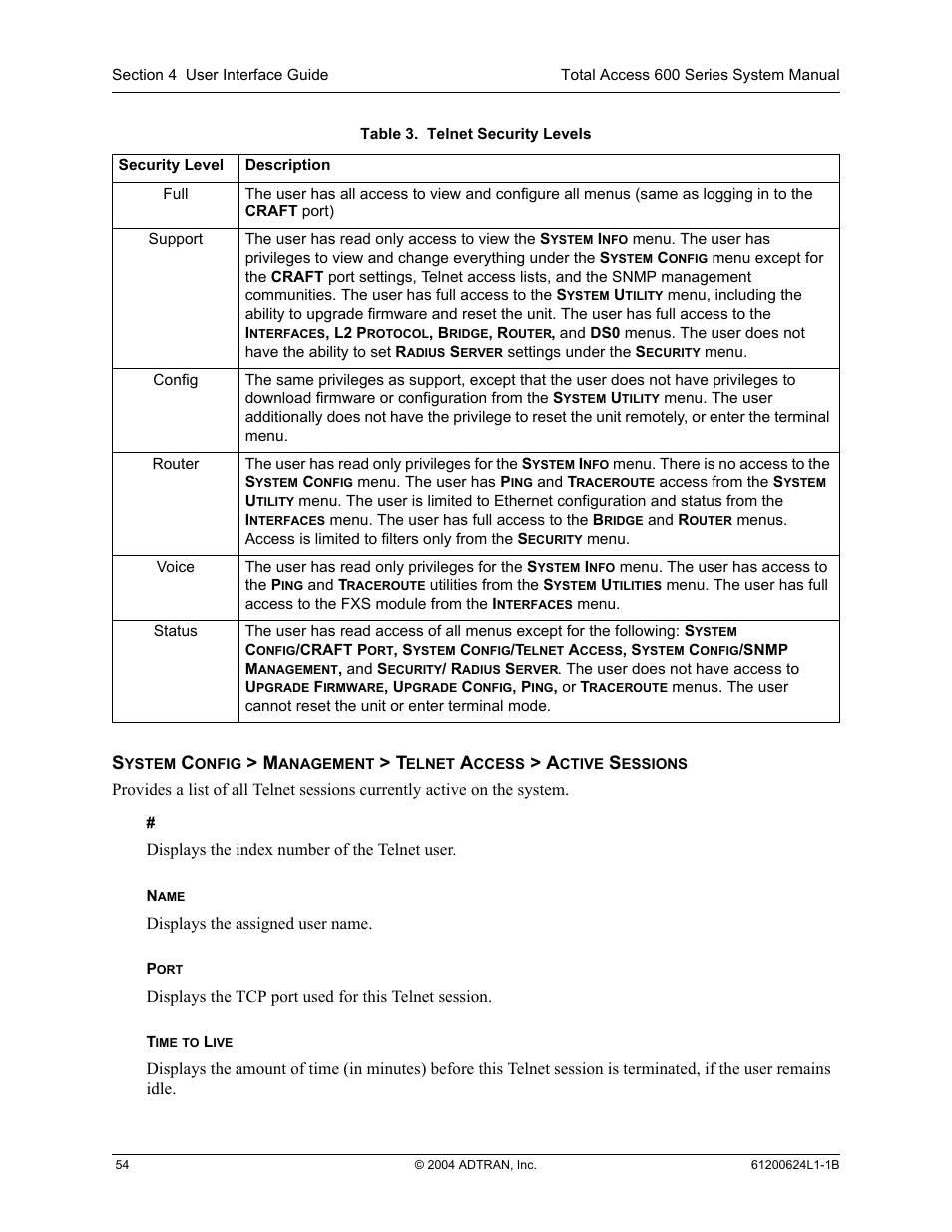 Table 3, Telnet security levels | ADTRAN 600R User Manual | Page 56 / 264