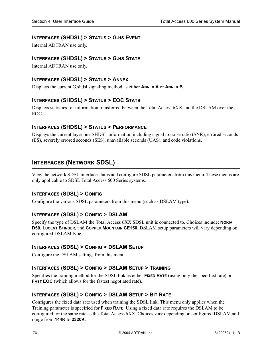 Interfaces (network sdsl), Sdsl) | ADTRAN 600R User Manual | Page 78 / 264