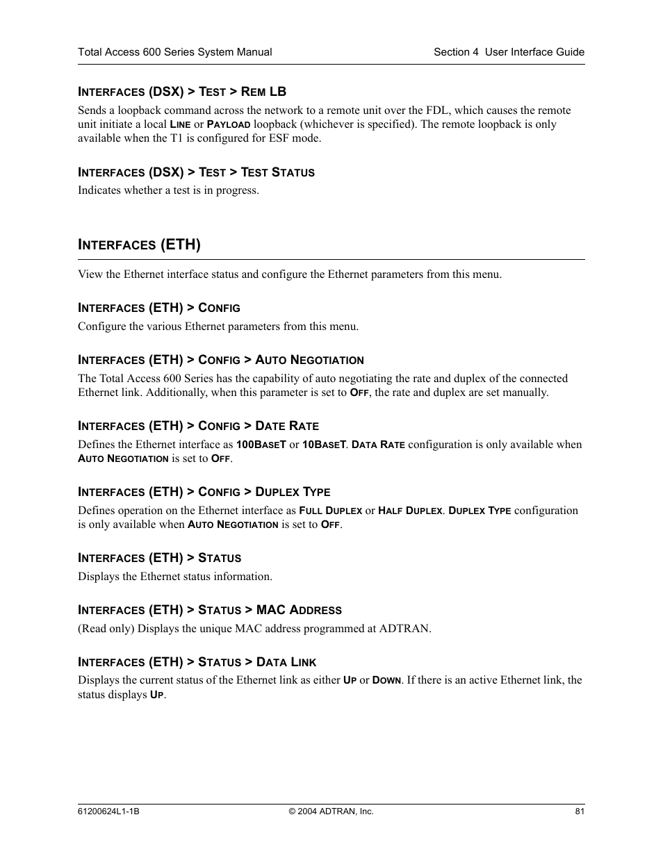 Interfaces (eth), Eth) | ADTRAN 600R User Manual | Page 83 / 264