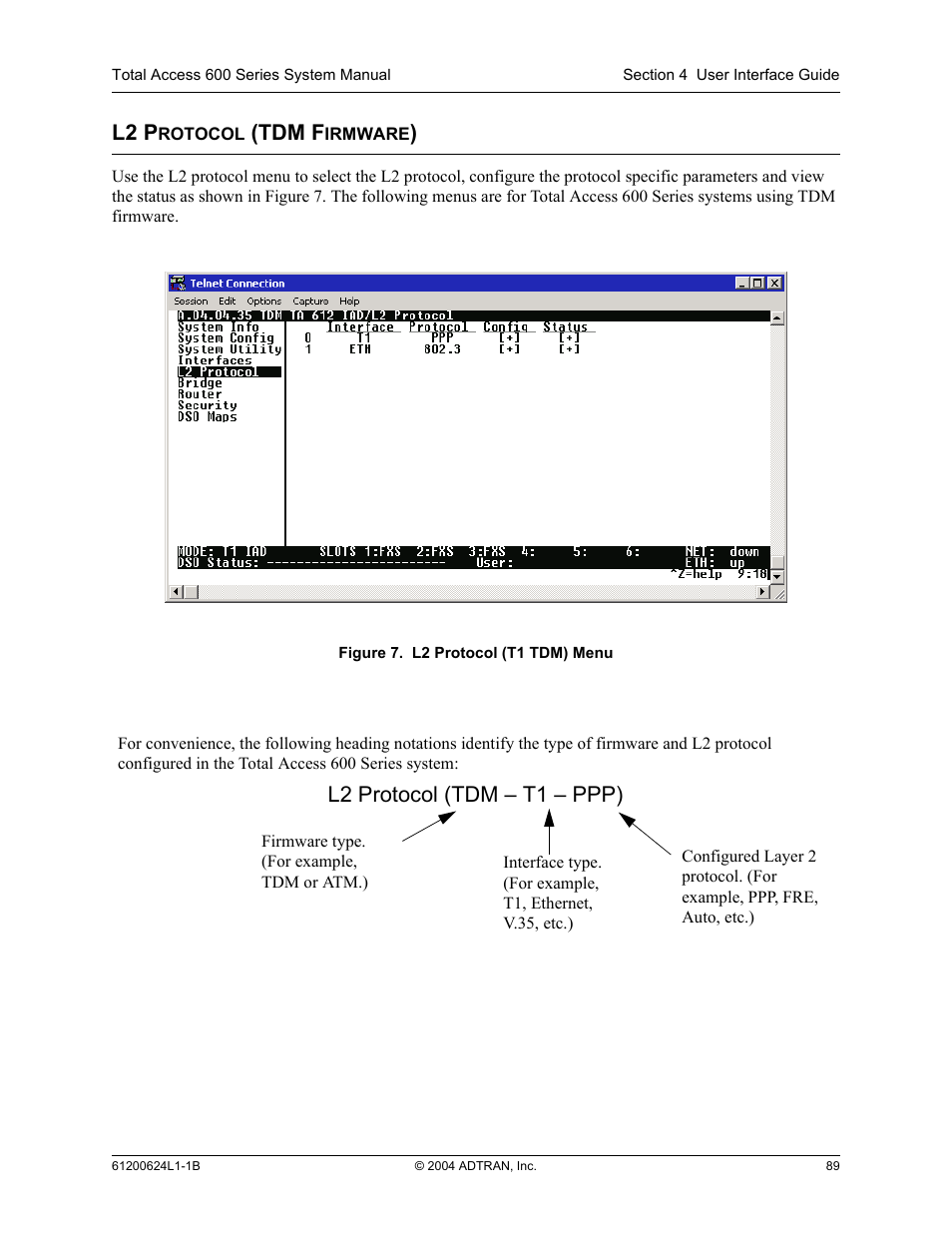 L2 protocol (tdm firmware), Figure 7, L2 protocol (t1 tdm) menu | L2 p, Tdm f, L2 protocol (tdm – t1 – ppp) | ADTRAN 600R User Manual | Page 91 / 264