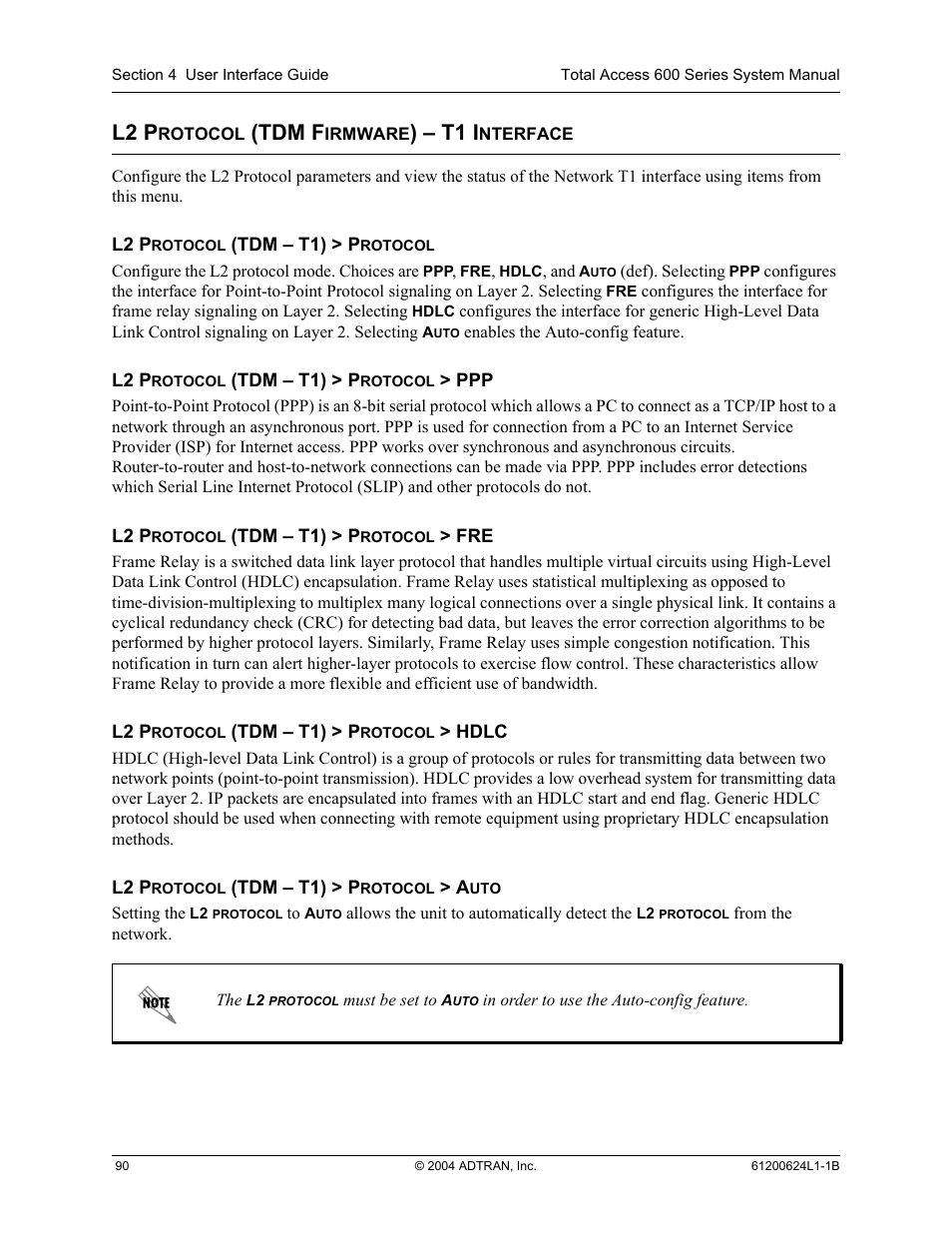 L2 protocol (tdm firmware) - t1 interface, L2 protocol (tdm firmware) – t1 interface, L2 p | Tdm f, T1 i | ADTRAN 600R User Manual | Page 92 / 264