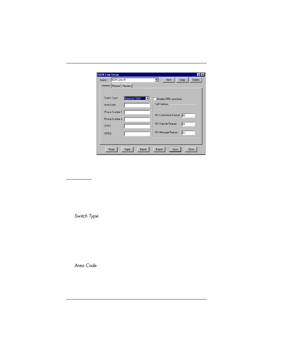 General tab, General tab -8, Switch type -8 area code -8 | Figure 3-3. isdn profile setup window -8, Figure | ADTRAN 3000 User Manual | Page 48 / 146