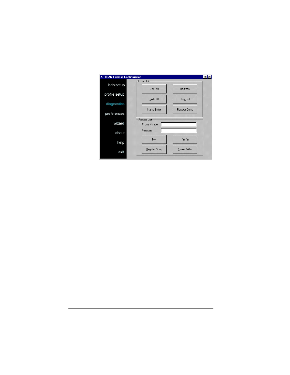 Diagnosing local units, Displaying the unit’s current status, Displaying the express 3000’s caller id log buffer | Retrieving current settings, Diagnosing local units -24, Figure 3-5. diagnostics window -24 | ADTRAN 3000 User Manual | Page 64 / 146