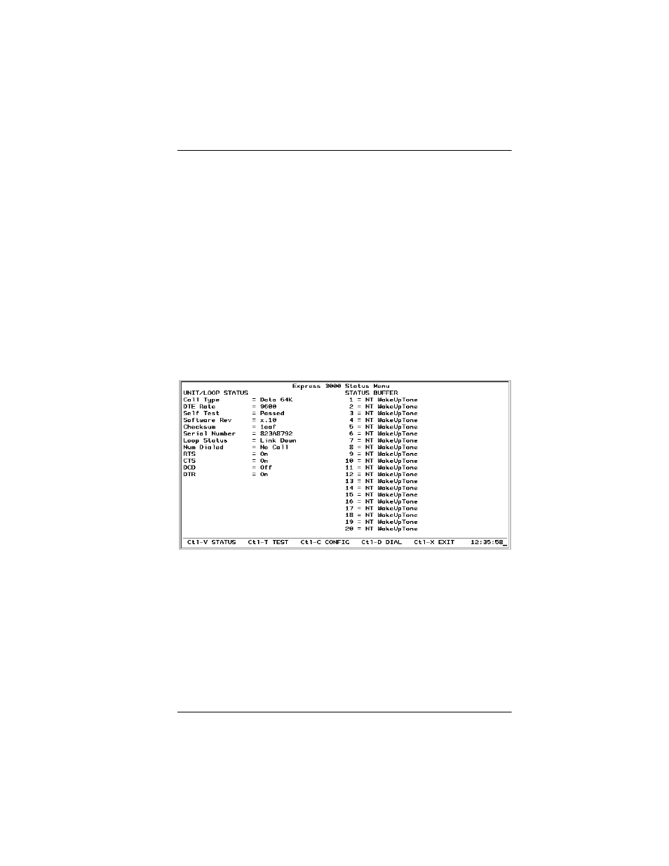 Exiting the terminal menus, Placing the unit back on-line, Displaying the status buffer | Figure 4-2. vt 100 terminal status buffer menu -3 | ADTRAN 3000 User Manual | Page 73 / 146