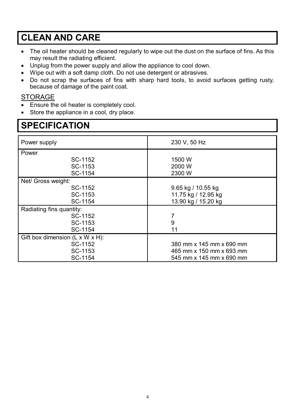 Clean and care, Specification | Scarlett SC-1154 User Manual | Page 4 / 7