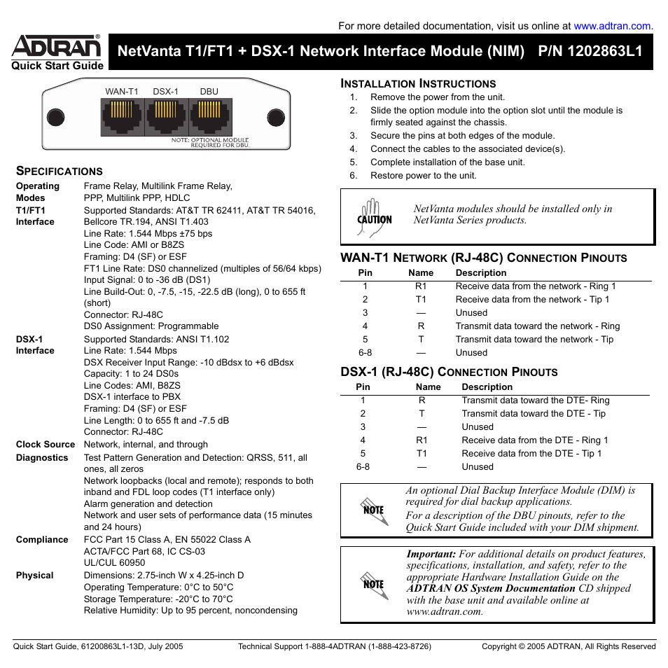 ADTRAN NetVanta T1/FT1 + DSX-1 User Manual | 2 pages