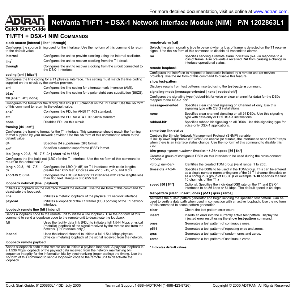 T1/ft1 + dsx-1 nim c, Quick start guide, Ommands | ADTRAN NetVanta T1/FT1 + DSX-1 User Manual | Page 2 / 2