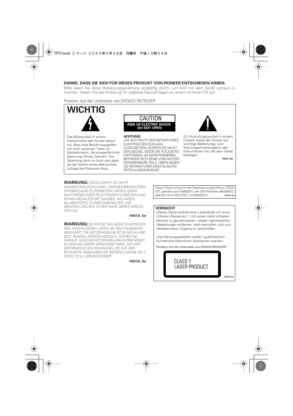 Wichtig, Caution | Pioneer NS-DV990 User Manual | Page 104 / 208