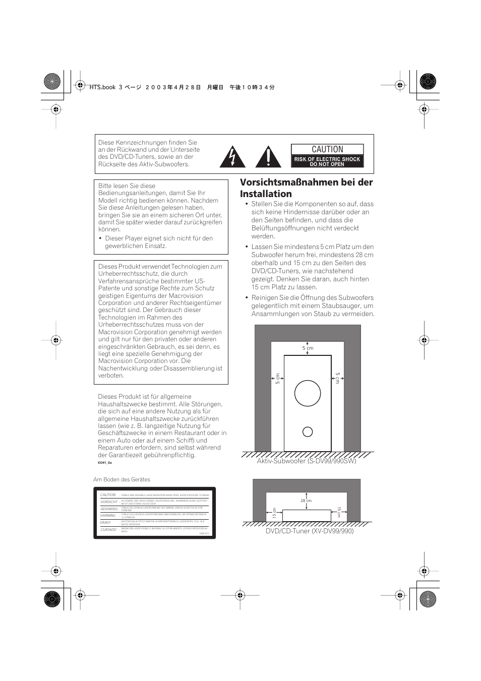 Vorsichtsmaßnahmen bei der installation, Caution | Pioneer NS-DV990 User Manual | Page 105 / 208