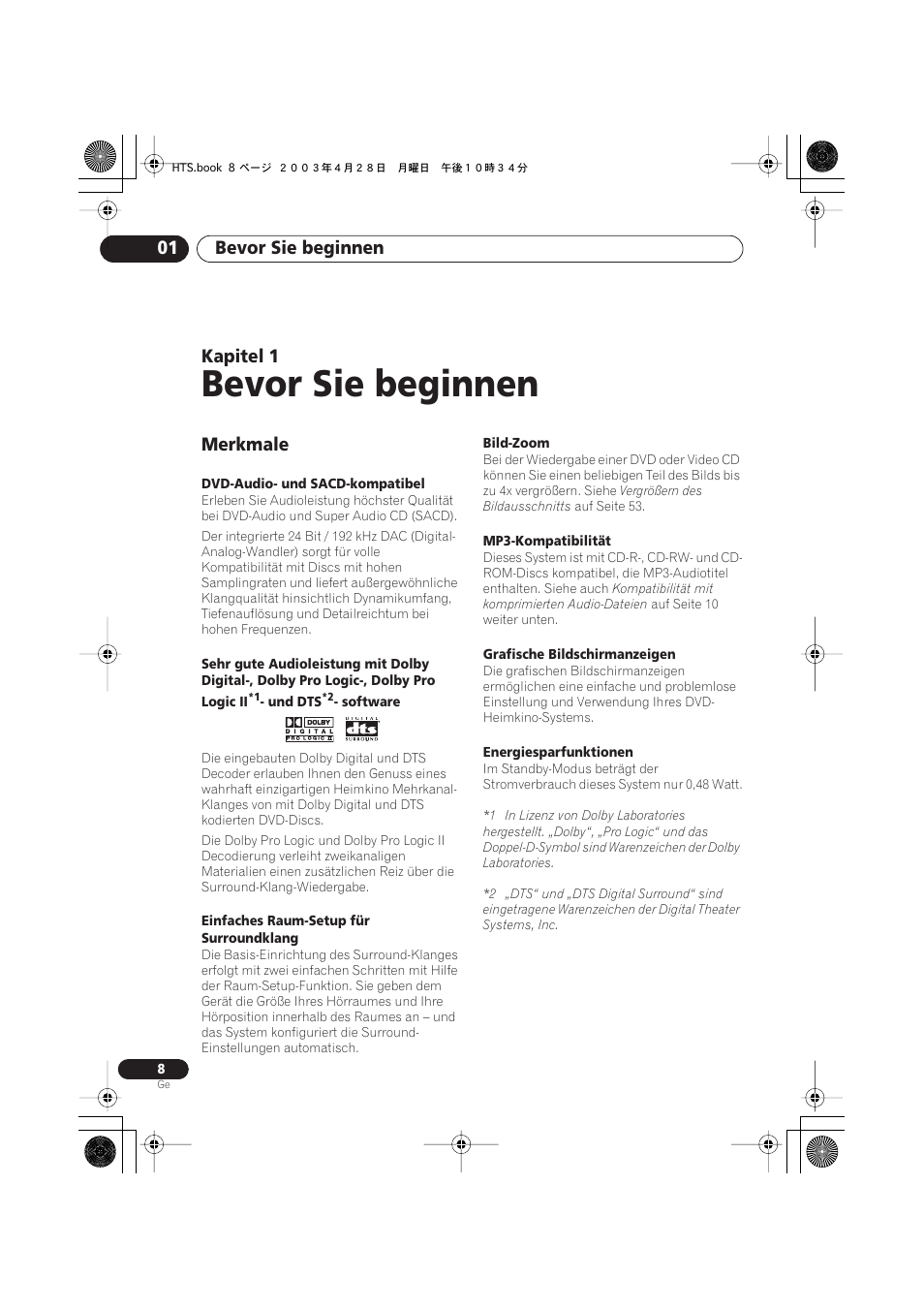 Merkmale, Bevor sie beginnen, Bevor sie beginnen 01 | Kapitel 1 | Pioneer NS-DV990 User Manual | Page 110 / 208