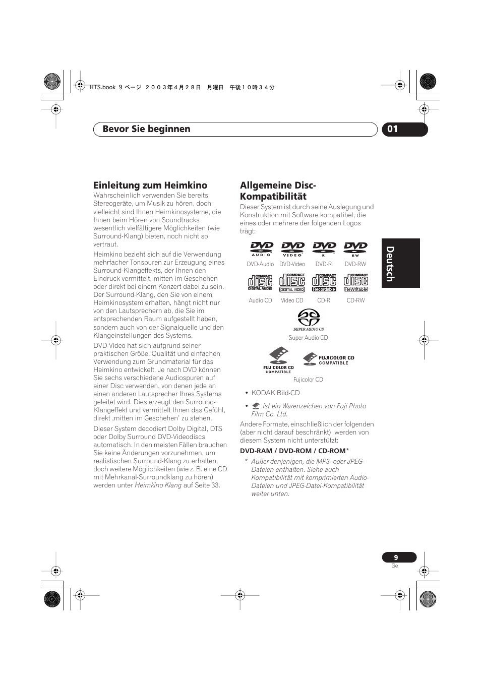 Einleitung zum heimkino, Allgemeine disc-kompatibilität, Deutsch | Deutsch français, Nederlands, Español deutsch, Bevor sie beginnen 01, Allgemeine disc- kompatibilität | Pioneer NS-DV990 User Manual | Page 111 / 208