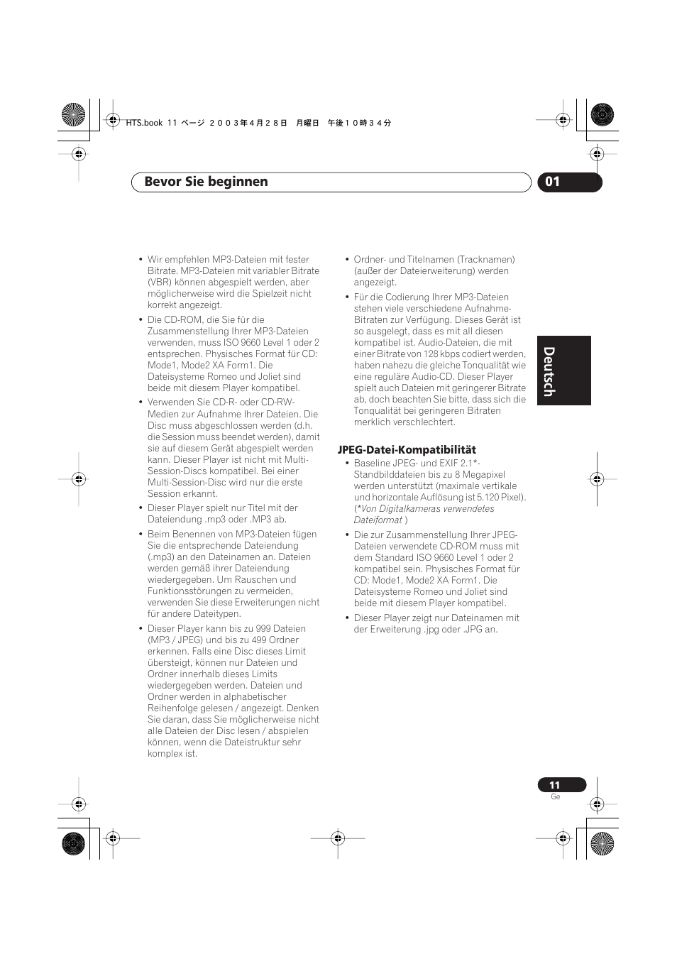 Jpeg-datei-kompatibilität, Deutsch, Deutsch français | Nederlands, Español deutsch, Bevor sie beginnen 01 | Pioneer NS-DV990 User Manual | Page 113 / 208