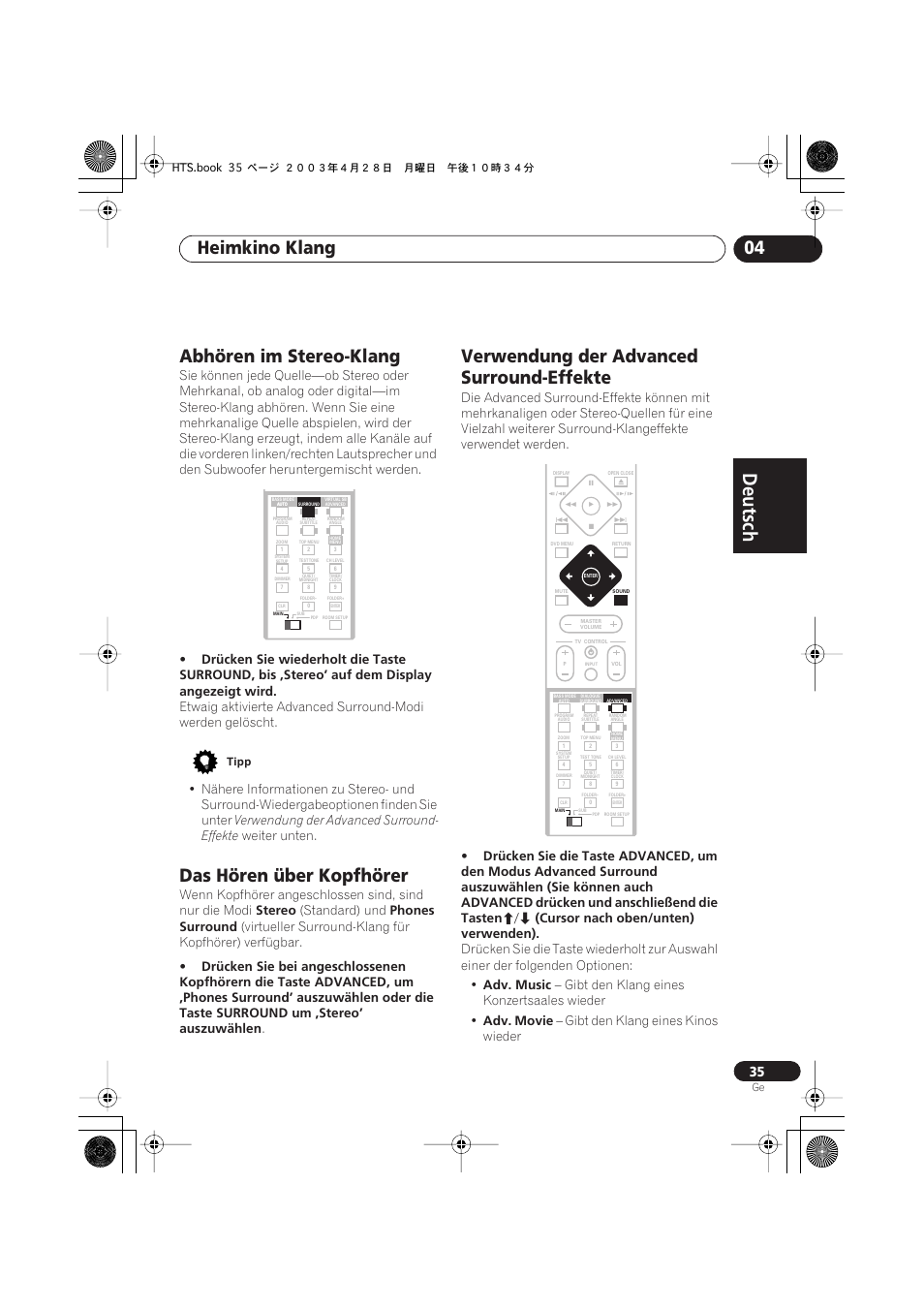 Abhören im stereo-klang, Das hören über kopfhörer, Verwendung der advanced surround- effekte | Deutsch, Deutsch français, Nederlands, Español deutsch, Heimkino klang 04, Verwendung der advanced surround-effekte, Weiter unten | Pioneer NS-DV990 User Manual | Page 137 / 208