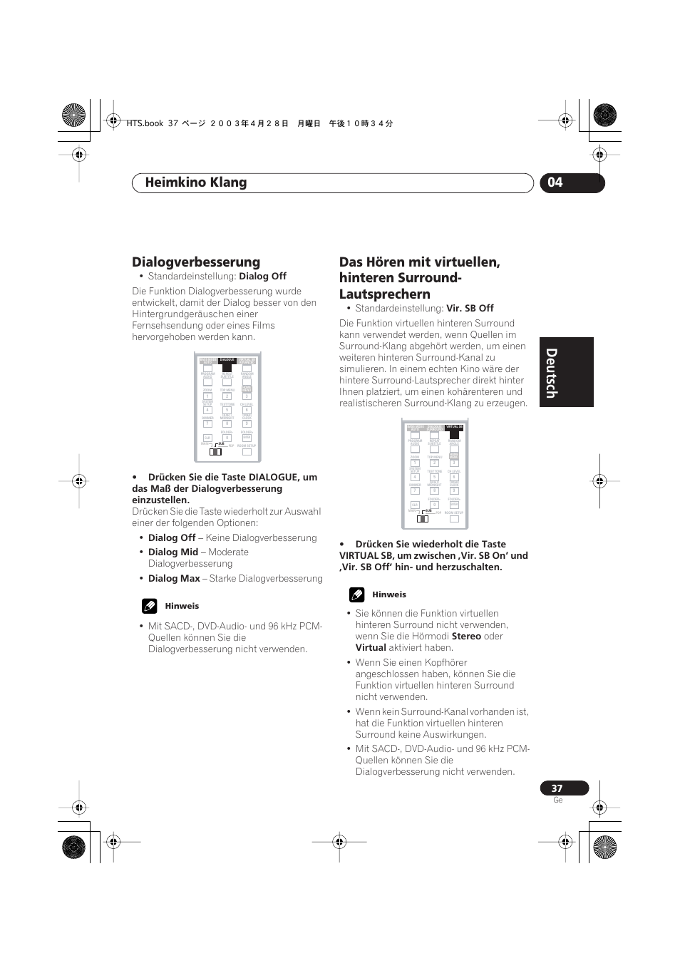 Dialogverbesserung, Deutsch, Deutsch français | Nederlands, Español deutsch, Heimkino klang 04, Standardeinstellung, Dialog off, Keine dialogverbesserung, Dialog mid | Pioneer NS-DV990 User Manual | Page 139 / 208