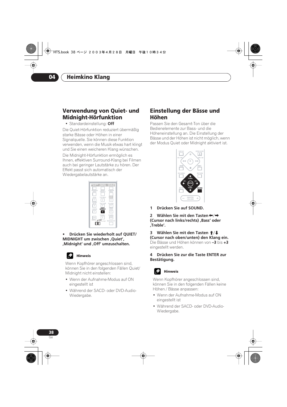 Verwendung von quiet- und midnight- hörfunktion, Einstellung der bässe und höhen, Heimkino klang 04 | Verwendung von quiet- und midnight-hörfunktion, Standardeinstellung, Cursor nach oben/unten) den klang ein, Die bässe und höhen können von, Eingestellt werden, 4drücken sie zur die taste enter zur bestätigung | Pioneer NS-DV990 User Manual | Page 140 / 208