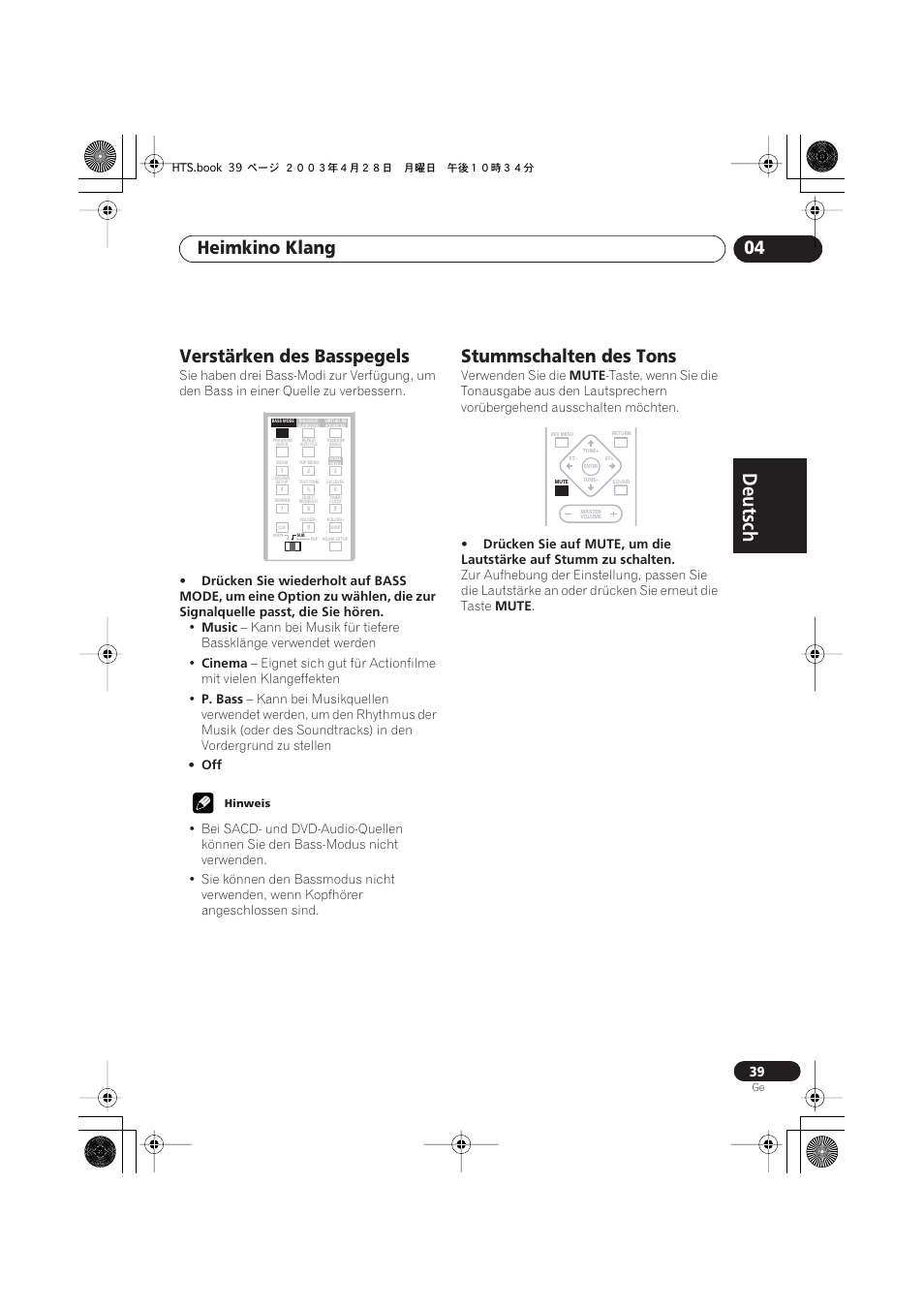 Verstärken des basspegels, Stummschalten des tons, Deutsch | Deutsch français, Nederlands, Español deutsch, Heimkino klang 04 | Pioneer NS-DV990 User Manual | Page 141 / 208