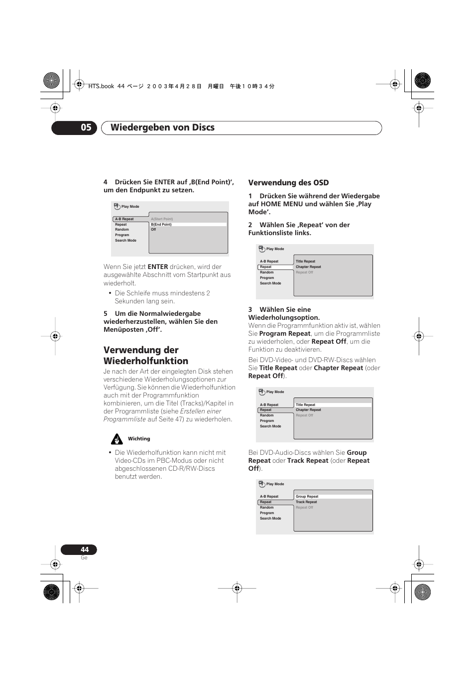 Verwendung der wiederholfunktion, Verwendung des osd, Wiedergeben von discs 05 | Pioneer NS-DV990 User Manual | Page 146 / 208