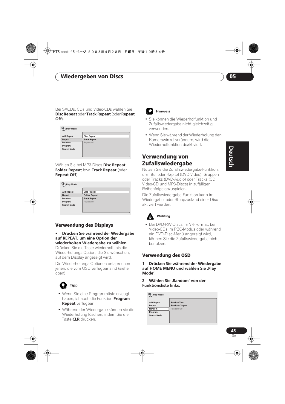 Verwendung des displays, Verwendung von zufallswiedergabe, Verwendung des osd | Deutsch, Deutsch français, Nederlands, Español deutsch, Wiedergeben von discs 05 | Pioneer NS-DV990 User Manual | Page 147 / 208